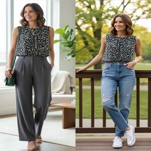 Calvin Klein Black and White Floral Sleeveless Blouse Size L.